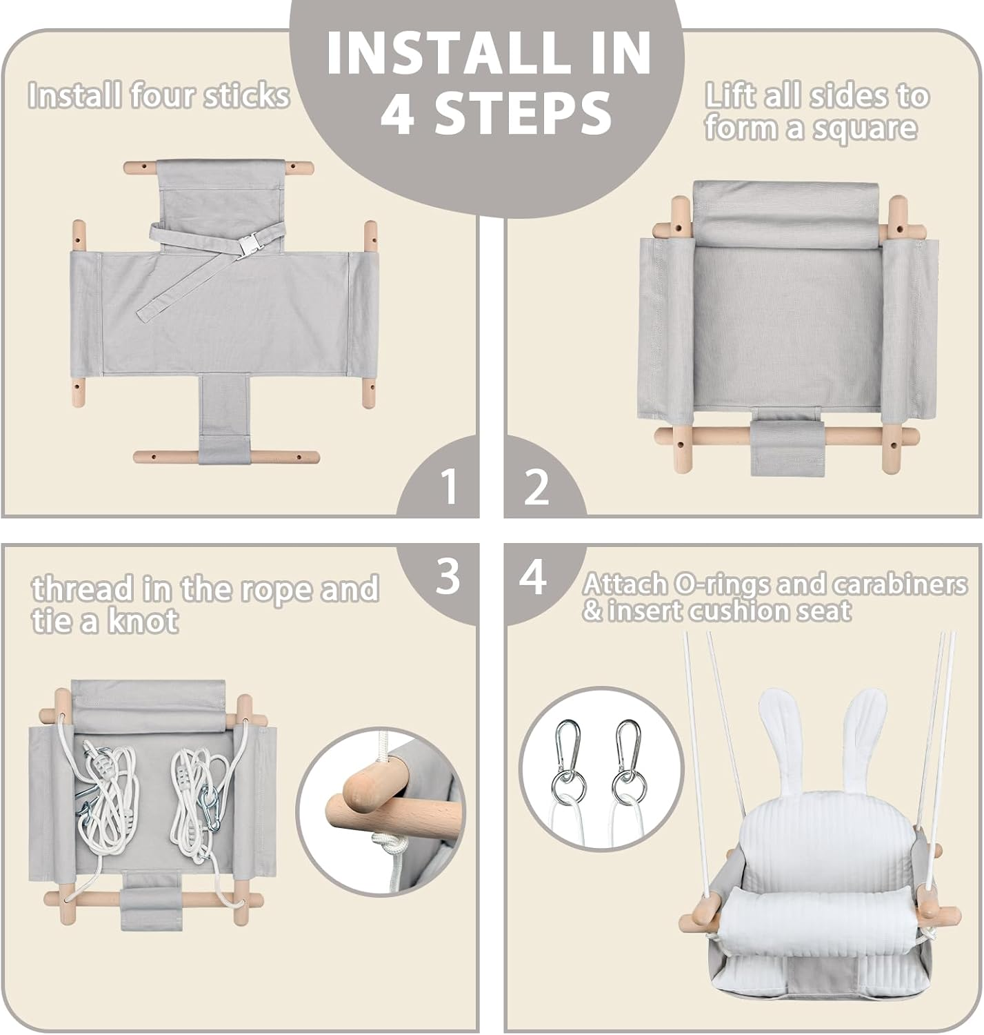 GFU Baby Swing, Canvas Swings for Infants Outdoor Indoor & Indoor, Toddler Swing for Indoors, Secure Wooden Hanging Swing Seat, Hammock for Indoor Playground, Grey Tree Swings or Backyard image number 2