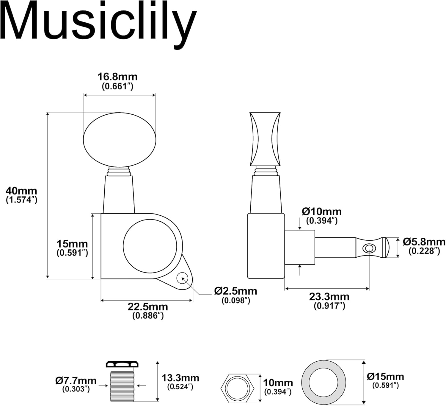 Musiclily 3L3R Sealed Guitar Tuners Tuning Pegs Machine Heads Set for Electric Acoustic Folk Guitar, Chrome Vintage Oval Button - Single R Black image number 1