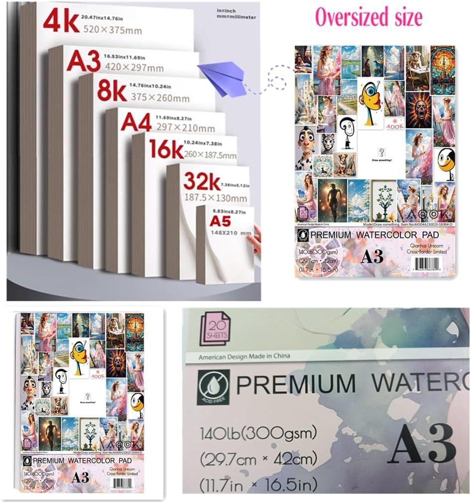AOOK A3 Watercolor Paper Pad, 11.69X16.53 (140Lb/300Gsm) 20 Sheet Mixed Paper Mat, Top Packaging, Fine Texture, Suitable for Watercolor and Acrylic Art Mats (SX004 A3) image number 2