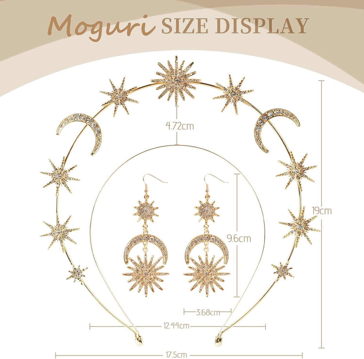 Moguri&reg; Halo Crown, Stars Crystal Goddess Headband with Earrings, Metal Halo Headpiece, Celestial Crown, Tiaras for Women, Bridal, Wedding, Costume, Cosplay, Party, Goddess Accessories