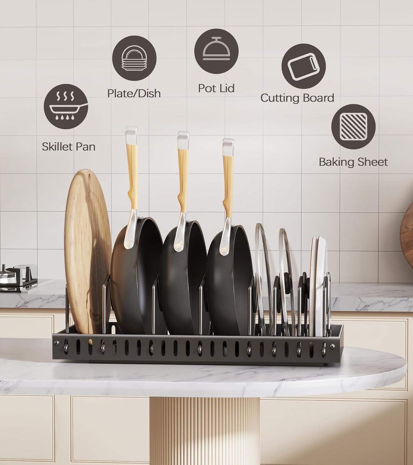 2PACK Pull Out Pots and Pans Organizer under Cabinet, Sliding Lid Holder and Pan Rack in Kitchen, Slide Out inside Cabinet Storage for Pot Lid, Bakeware, Dishes, 8 Adjustable Dividers - Black image number 1