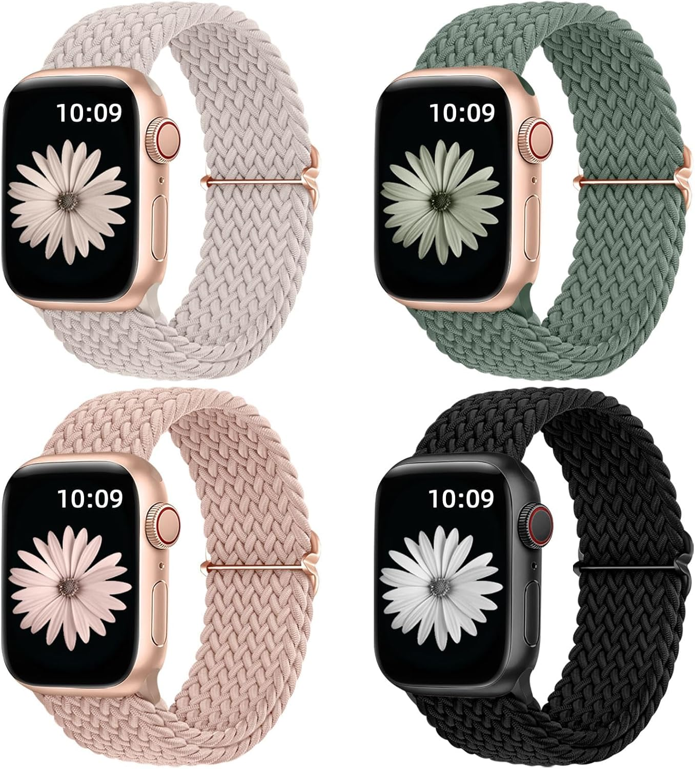 Ixtra 4 Pack Braided Stretchy Solo Loop Compatible with Apple Watch Band 38/40/41/42Mm, 42/44/45/46/49Mm Women Men, Adjustable Nylon Strap Wristband for Iwatch Series10 9 8 7 6 SE 5 4 3 2 1 Ultra1/2