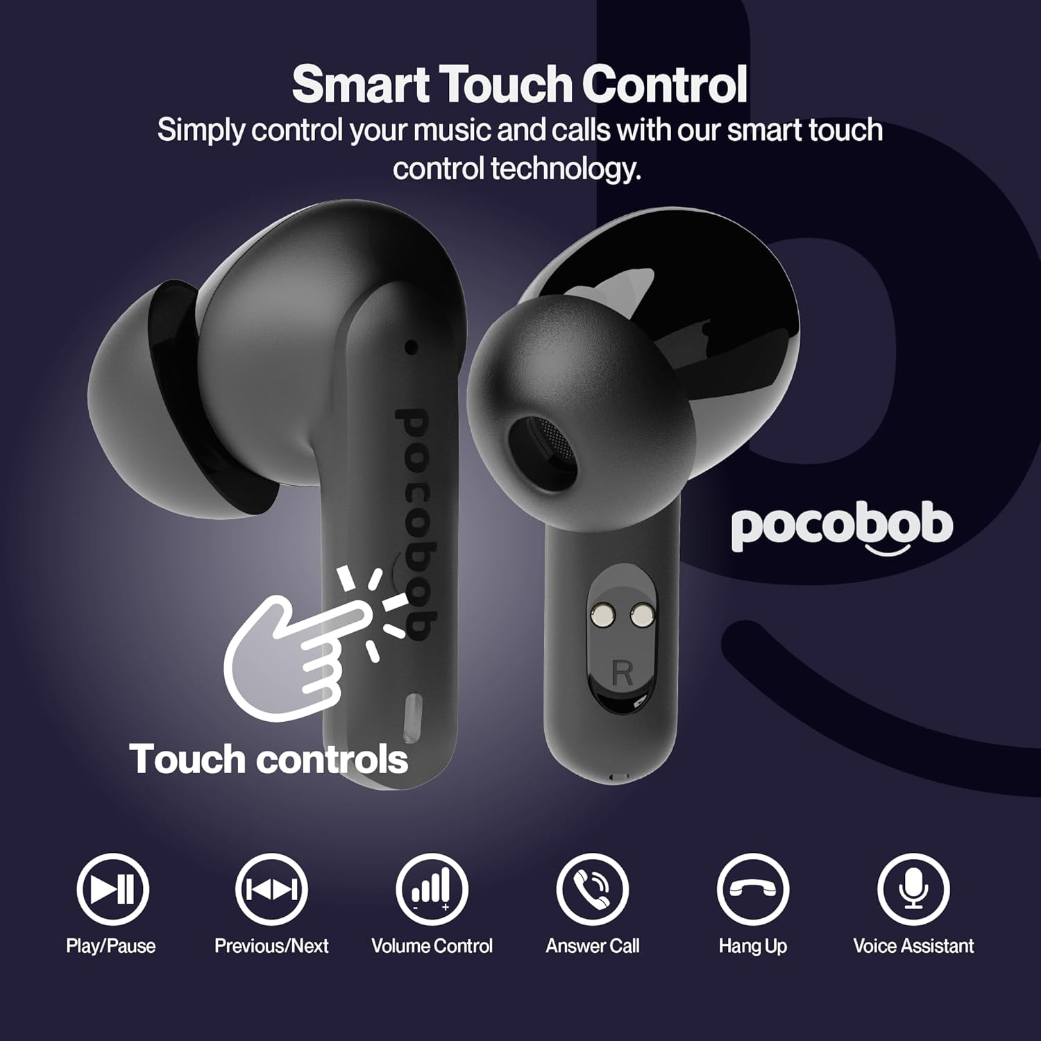 Pocobob 8 Bluetooth 5.3 In-Ear Headphones with Microphone, ENC, App Control, 32 Hours Battery, Touch, USB-C, IPX4 Water Protection - True Wireless Earbuds - Black
