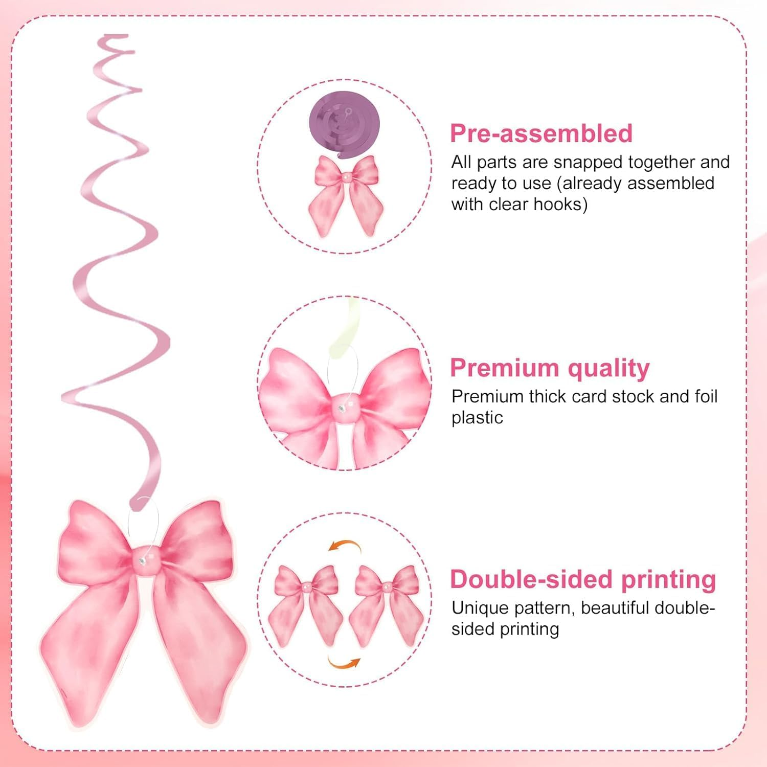 Pink Bow Party Decorations Garland Banner Hanging Swirls Set, 14 Piece Pink Bow Birthday Banner Party Hanging Swirls Set image number 5