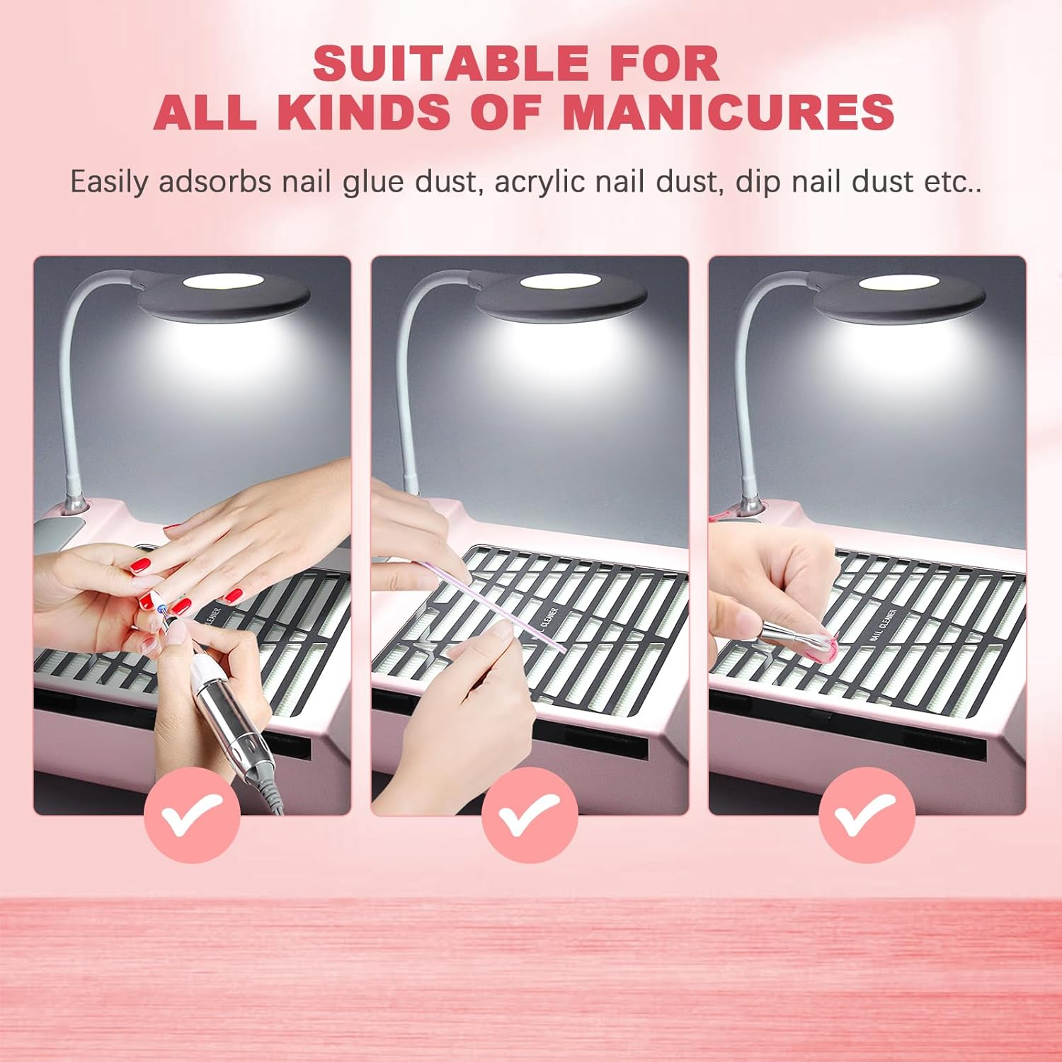 AONOLOVO Nail Dust Collector, Adjustable Suction, Professional Nail Fan Dust Collector with Light Manicure Dust Collector Nail Tech Vacuum Cleaner Machine for Acrylic Nails Removal, Pink image number 3