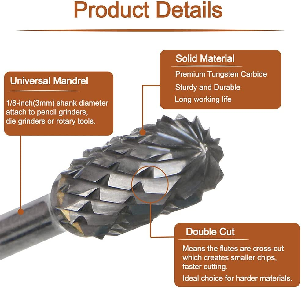 Tungsten Carbide Rotary Burr Set with 1/8" Shank, Double Cut Carving Bits for Rotary Tool Accessories for DIY Woodworking, Polishing, Drilling image number 2