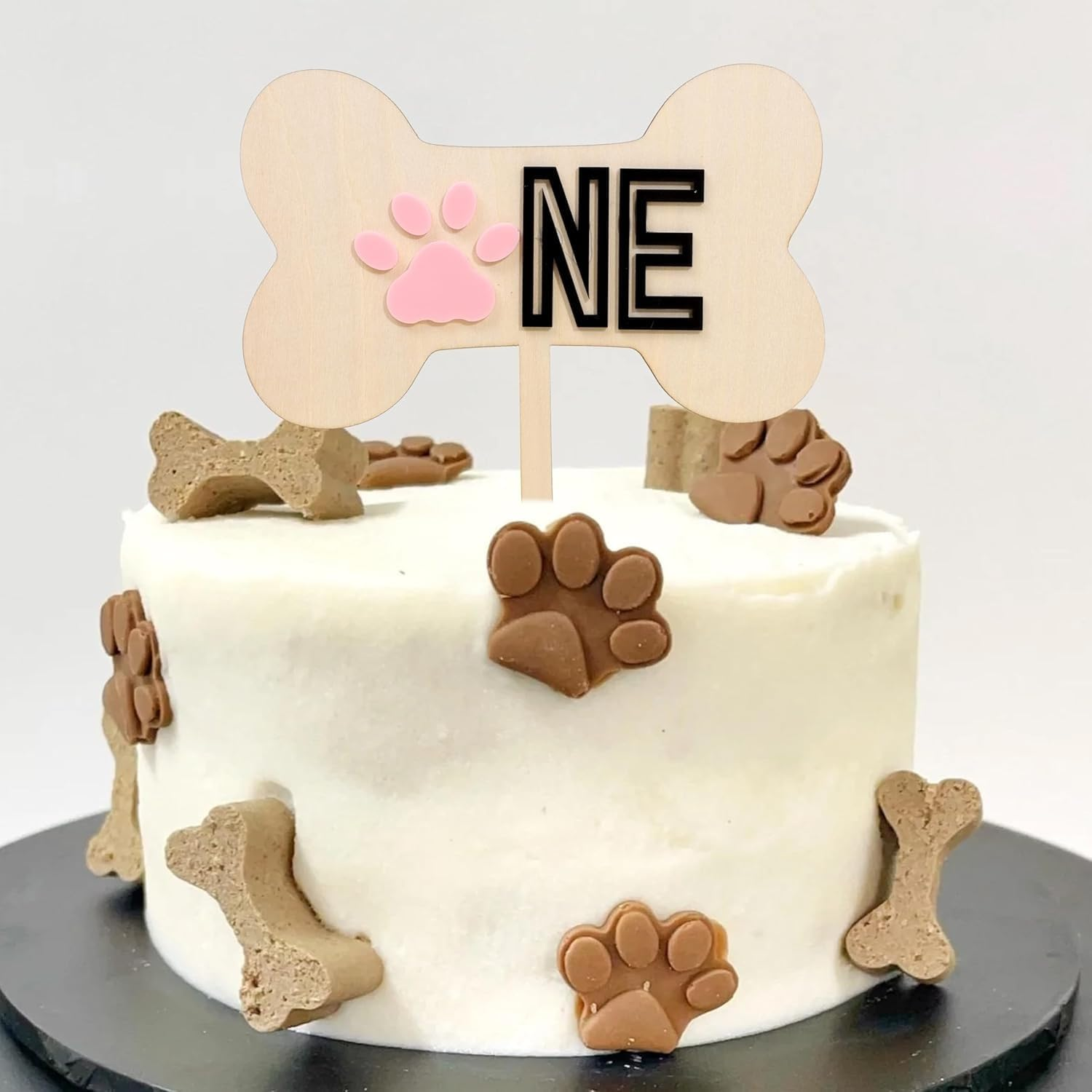 ONE Dog Bone Wooden Cake Topper &ndash; Pink Paw First Birthday Decoration &ndash; Rustic Cake Sign for Baby or Pet-Themed Party &ndash; 7 Inch image number 2