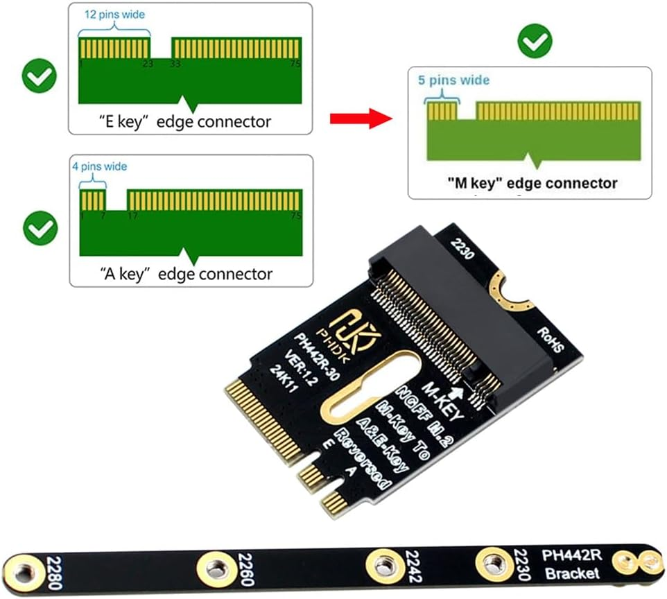 Xiwai PCI-E 4.0 NGFF 2230 A+E-Key Male to M-Key Female NVME Extension Adapter with Bracket for SSD 2280 Laptop Mainboard image number 3