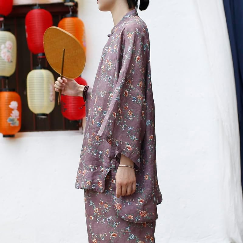 Women'S Vintage Chinese Style Linen Shirt Loose Fit Stand Collar Frog Button Top Blouse - Style C image number 2