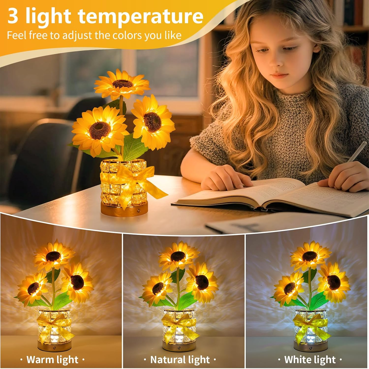 Sunflower LED Lamp,Usb Rechargeable Touch Night Light, 3 Color Stepless Dimmable,Small Battery Flower Decor for Bedroom, Restaurant, Bar &ndash; Birthday, Mother&rsquo;S Day,Wedding Gifts for Women,Mom image number 2