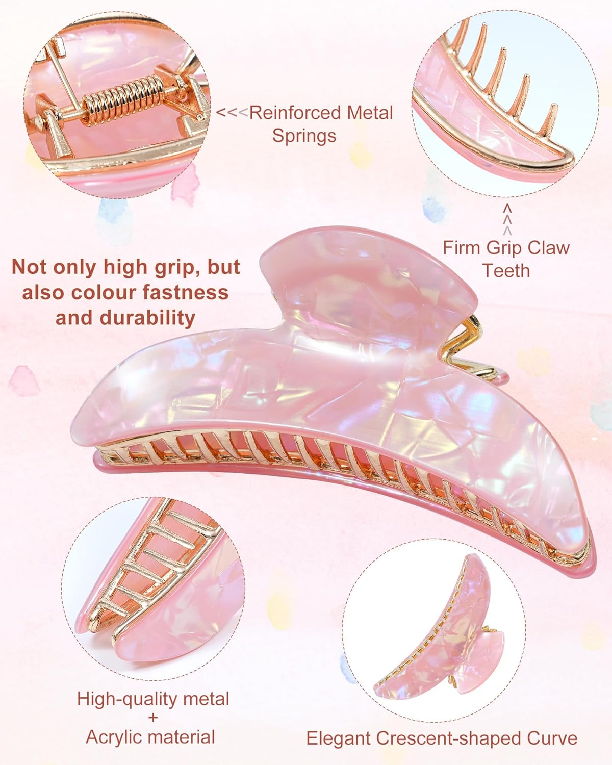 Kajeer Pack of 2 Hair Clips, Acrylic Metal Hair Clip for Women, Firm Hold Non-Slip Hair Clip, Crescent Moon Shape Hair Clips for Fine & Thick Hair (Iridescent Purple & Pearl Pink) image number 1