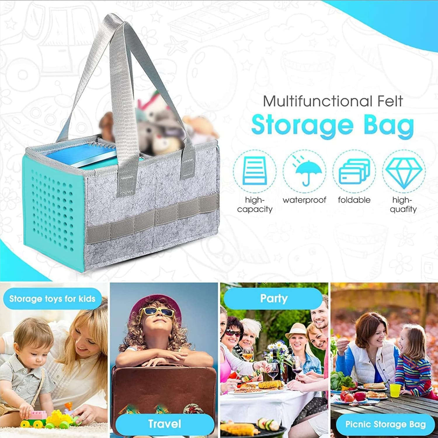 Carrying Case for Tonies Starter Set, Foldable Portabletravel Storage Bag with Handle Large Space Felt Organizer Case for Tonies Figurines, for Kids Toniebox Accessories (Lake Blue) image number 3