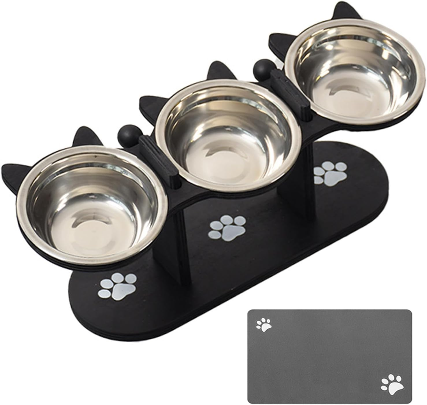 Elevated Cat Bowls - 3 Stainless Steel Elevated Cat Food Dishes with Stand 15&deg; Swivel and a Placemat (Black) image number 2