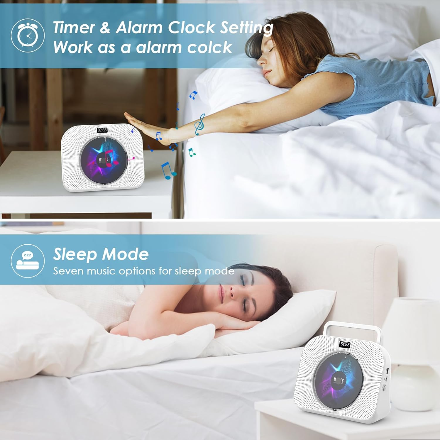 Gueray Children'S CD Player Bluetooth CD Player with Speaker CD Players with Dustproof Cover and Sleep Music and Timer and Remote Control FM Radio USB Plug TF Card AUX 3.5Mm image number 4