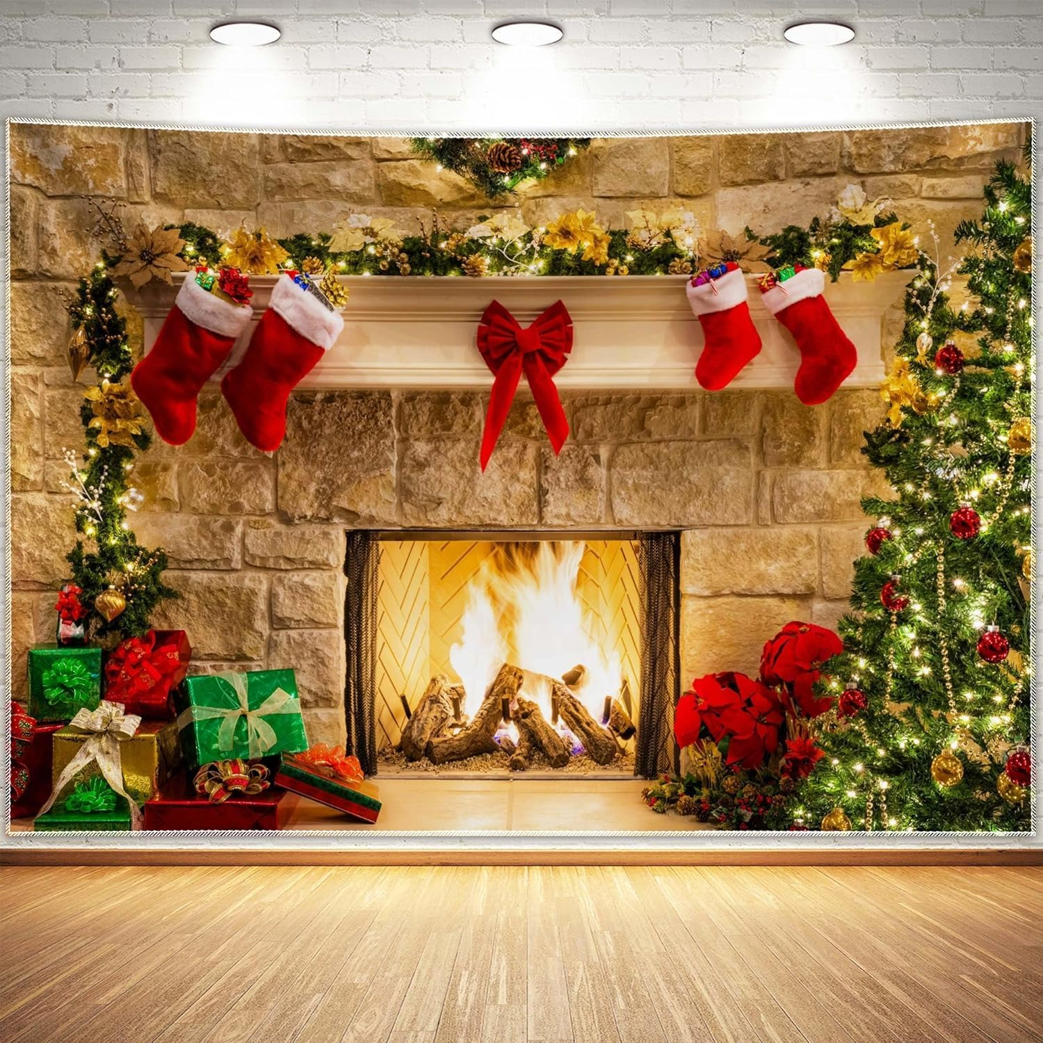 8X6Ft Soft Wrinkle Free Fabric Christmas Fireplace Theme Backdrop for Photography Tree Sock Gift Decorations for Xmas Party Supplies Photo Background Pictures Banner Studio Decor Booth Props