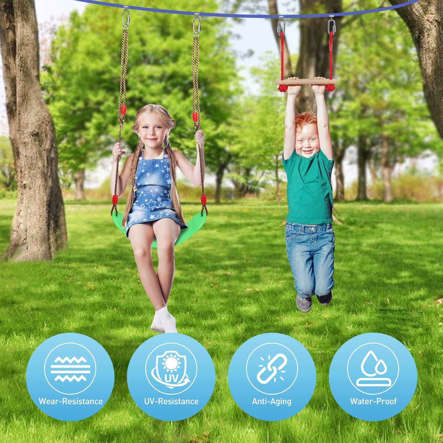 Ninja Warrior Kids Obstacle Course, 55 FT Durable Slackline with 8 Obstacles-Swings, Monkey Bars, Arm Trainers and More, Weatherproof Outdoor Obstacle Course for Backyard, Gym, Field image number 5