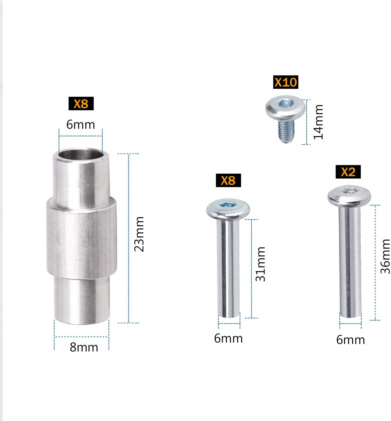 TOBWOLF 8PCS Inline Skate Shaft, Aluminum Alloy Skate Wheel Bearing Spacer, Roller Skate Accessories with Axle & Axles Screws & Wrench