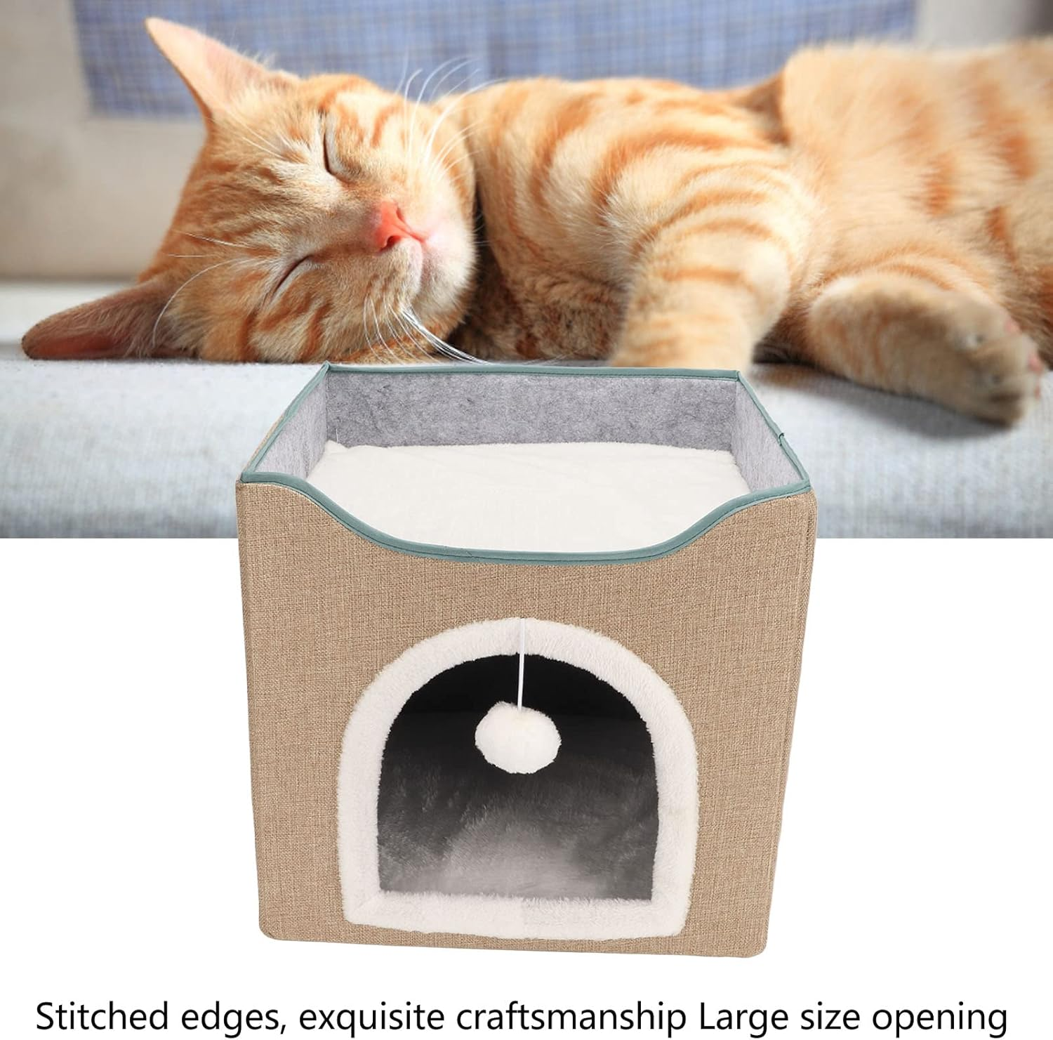 Cat House, Foldable Enclosed Warm Breathable Cat Cave Bed with Scratcher Plush Ball, Machine Washable Cat Beds Resistant Bottom Collapsible Outdoor Cat House for Cats (Apricot) image number 5