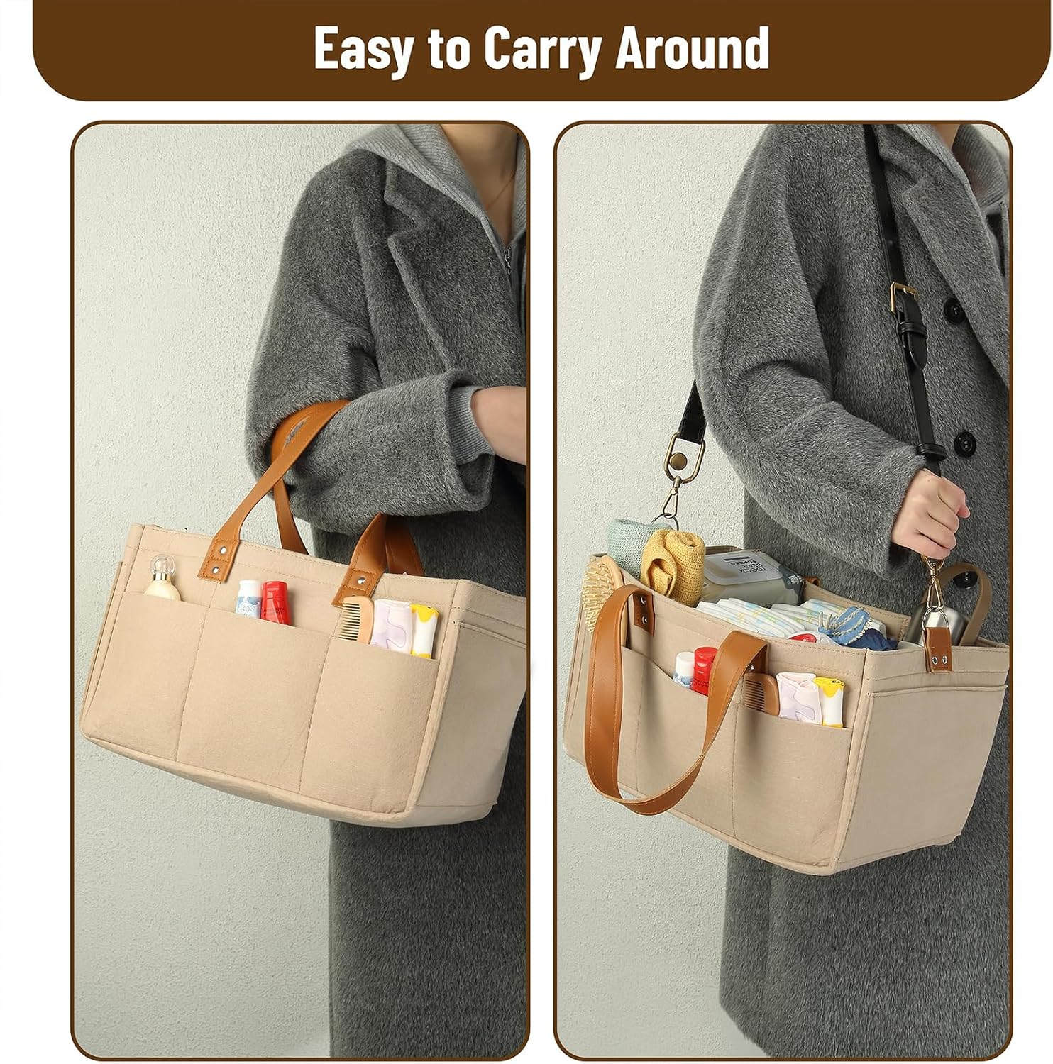 Baby Nappy Caddy, Large Diaper Caddy Organizer, Storage Basket for Babies, Portable Holder Tote Bag for Changing Table Car Travel Newborn Essentials .Baby Gift Accessories - Oatmeal image number 6