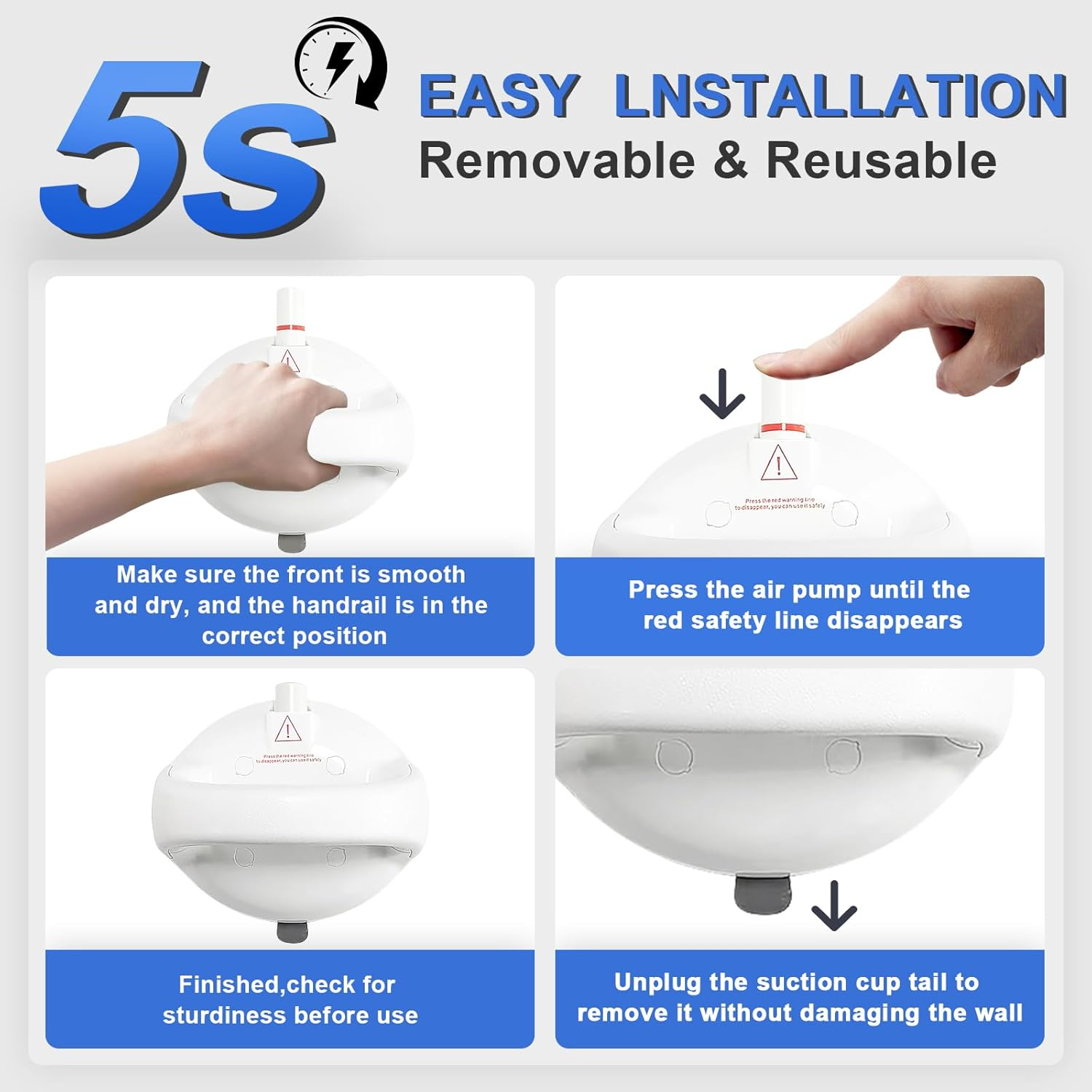 Safety Grab Bars Suction Cup for Bathtubs and Showers 5 Inches, 418 Pounds Load Capacity, Upgraded Safety Shower Grab Bar for Elderly, Grab Bar for Seniors, Bathroom Grab Bars, White, 1 Pack image number 5