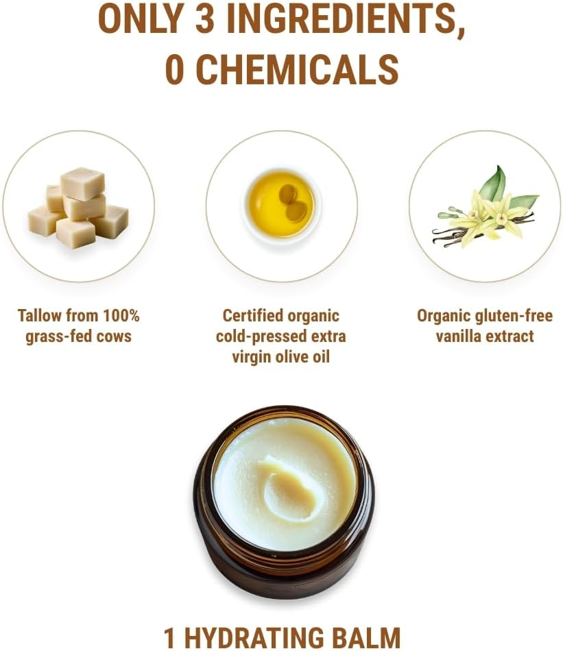 Vintage Tradition Vanilla Bean Tallow Balm, 100% Grass-Fed, 2 Fl Oz"The Whole Food of Skin Care"