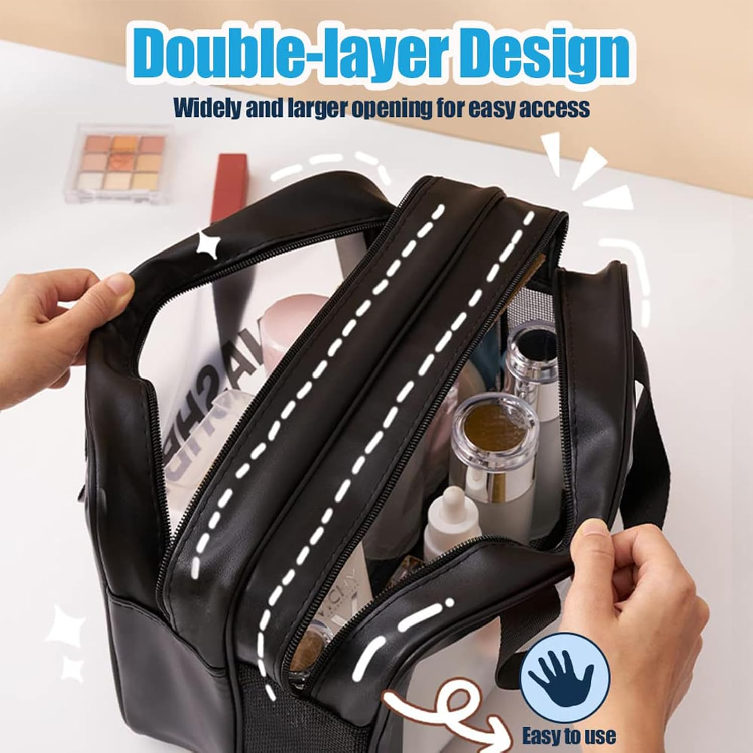 QAUARUMSUN Travel Toiletry Bag, Large Clear Makeup Bags, 2 in 1 Cosmetics Bag, Transparent Skin Care Bag for Toiletries,Waterproof PVC Thickened Wash Bag for Women Men(Black) image number 3