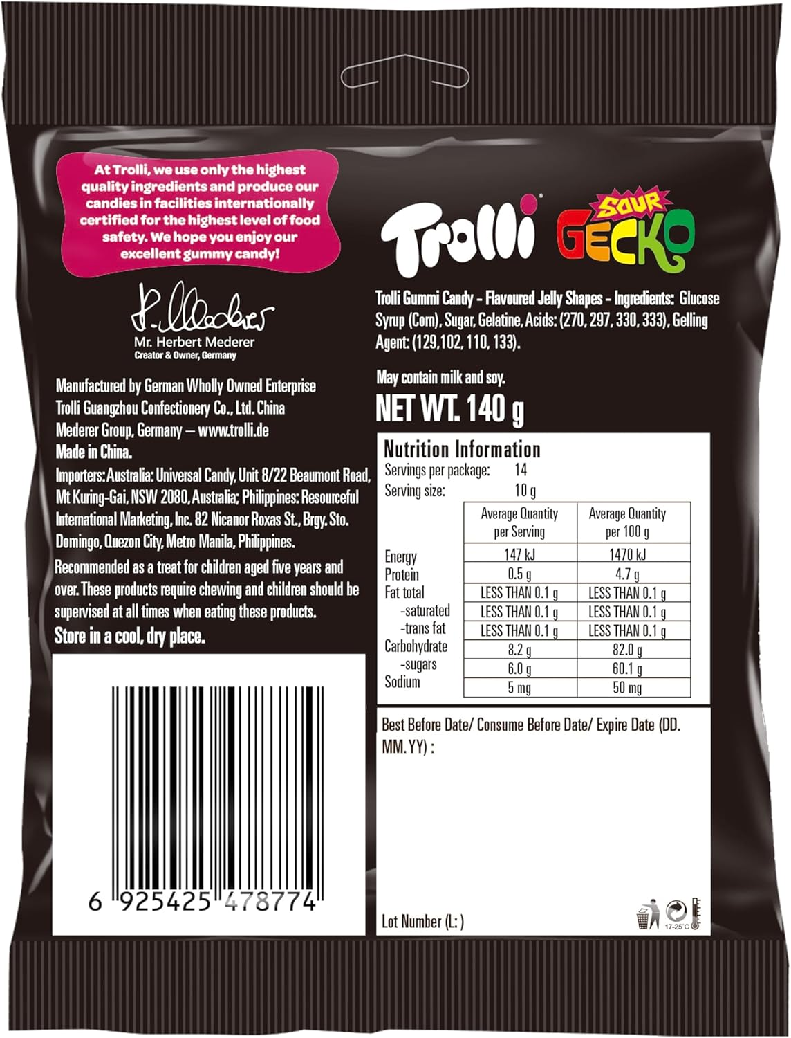 Trolli Sour Gecko Tangy & Chewy Lizard-Shaped Gummies 140 G &ndash; Fruity Sour Lollies, Gluten-Free Halloween & Party Candy