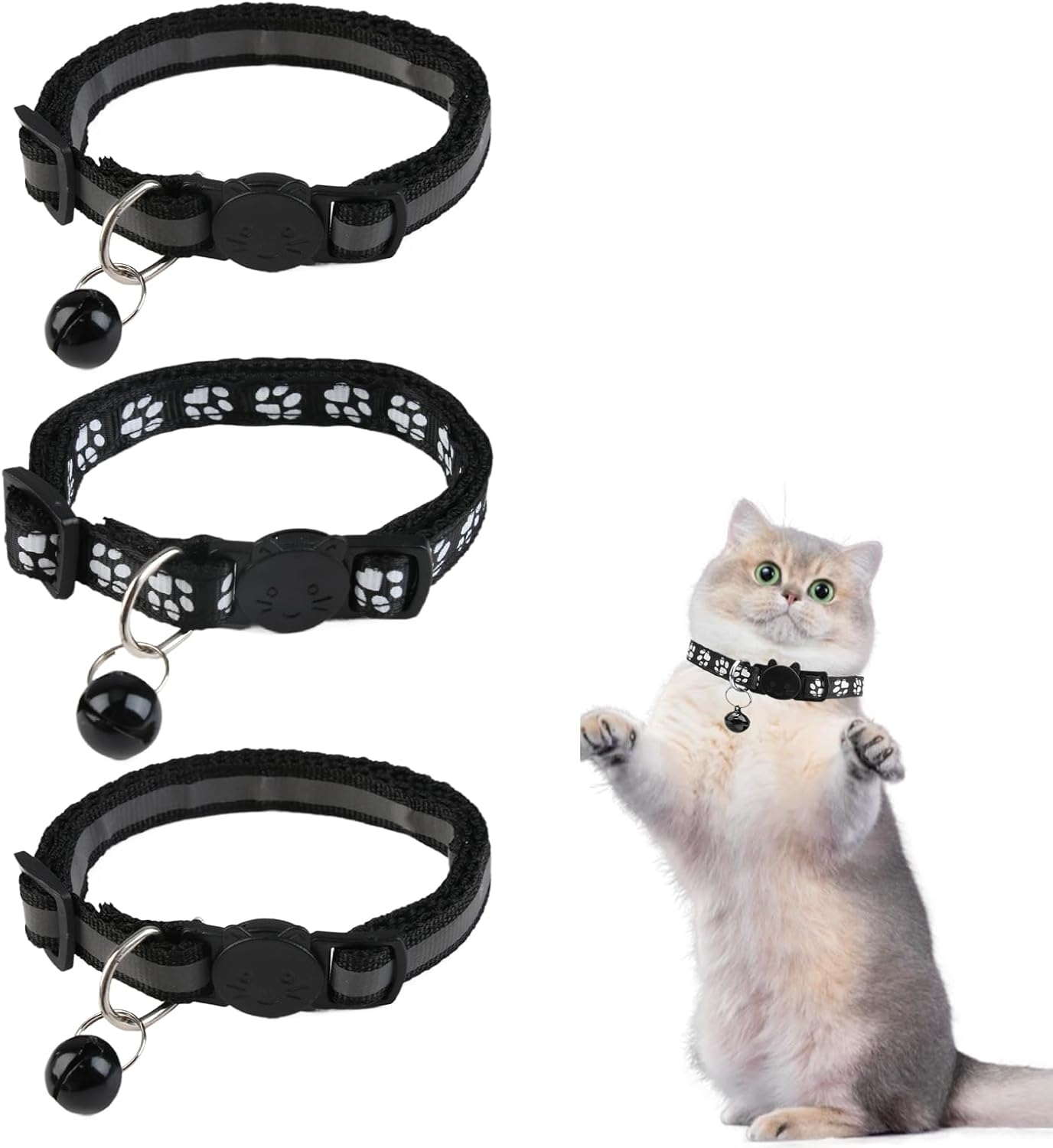 Pack of 3 Reflective Cat Collar with Safety Clasp and Bell, Cat Collar Release Click Buckle Set Adjustable Kitten Safety Collar Cat Collars, 19-32 Cm image number 2