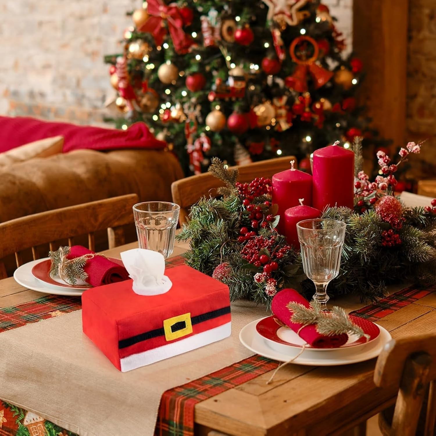 2 Packs Christmas Tissue Box Covers, Rectangular Santa Belt Paper Towel Holders, Festive Tissue Box for Car, Living Room, Kitchen and Holiday Decorations image number 5