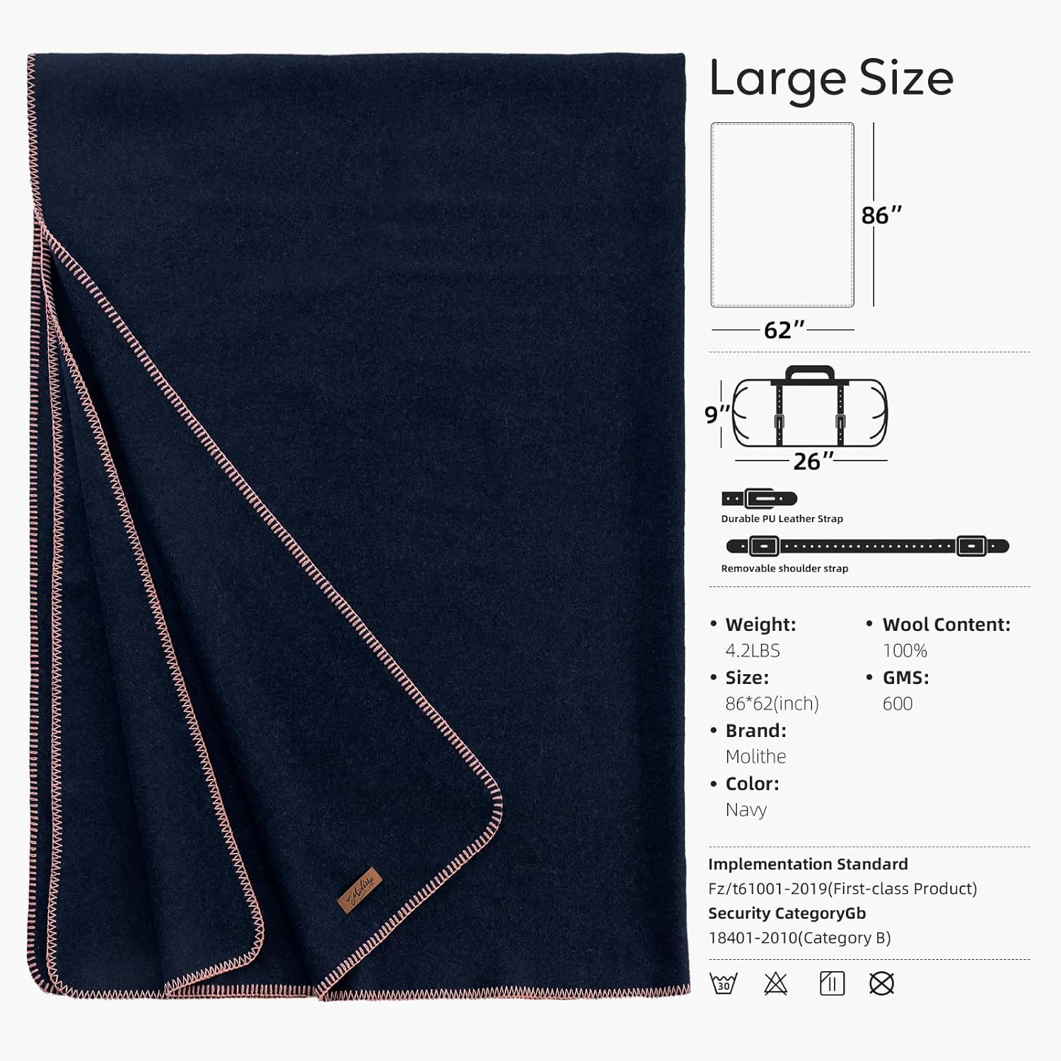 Molithe 100% Wool Blanket, 62"" X 86"", Warm, Thick, Washable, Military Wool Blanket, Great for Camping, Outdoors, Sporting Events, Survival Kits, Large, Navy