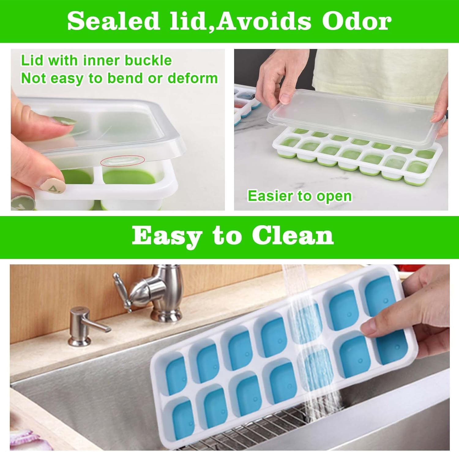 2 Pack Ice Cube Trays, Reusable Silicone 14-Ice Cube Trays with Spill-Resistant Removable Lid, Stackable Ice Trays with Covers for Freezer, Cocktail, Coffee (Blue + Green) image number 1