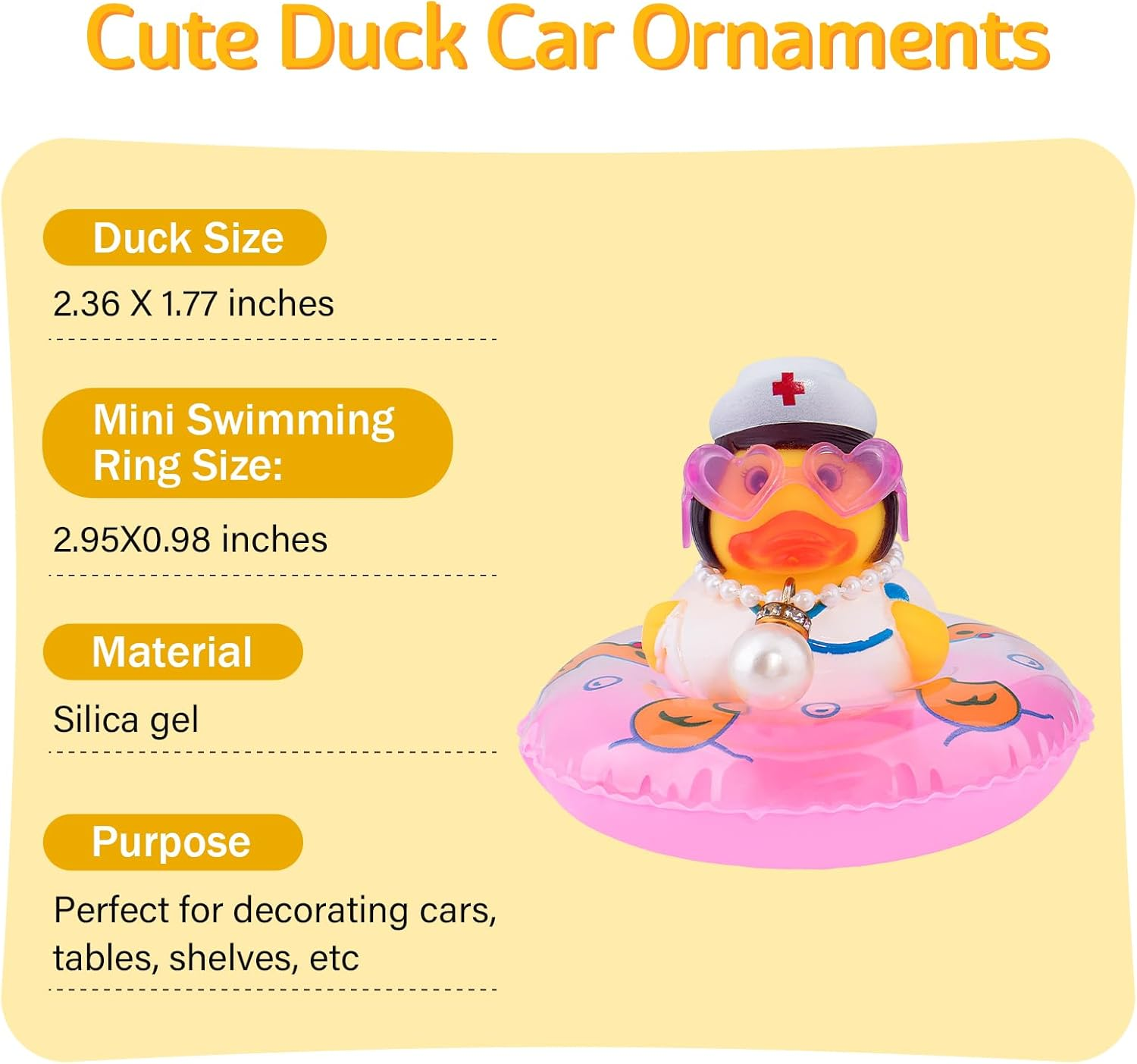 Wonuu Car Rubber Duck Car Duck Decoration Dashboard Car Ornament for Car Dashboard Decoration Accessories with Mini Swim Ring Necklace and Sunglasses, A_Nurse Duck_Pink Swim_Heart Glasses_Big Pearl image number 5