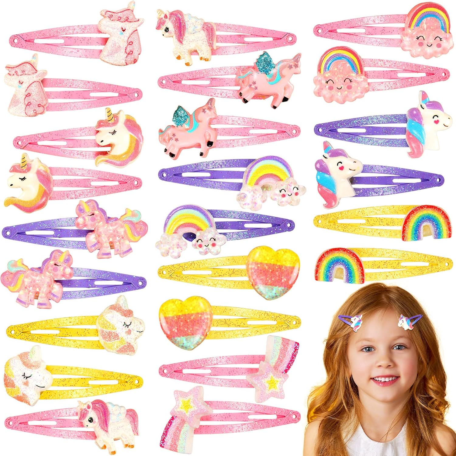 Hanaive 24 Pcs Rainbow Unicorn Clips Metal Clips Butterfly Snap Barrettes Cute Mermaid Hair Pins Sparkly Animal Hair Accessories for Toddlers Little Girls Birthday Party Gifts(Rainbow Pattern)