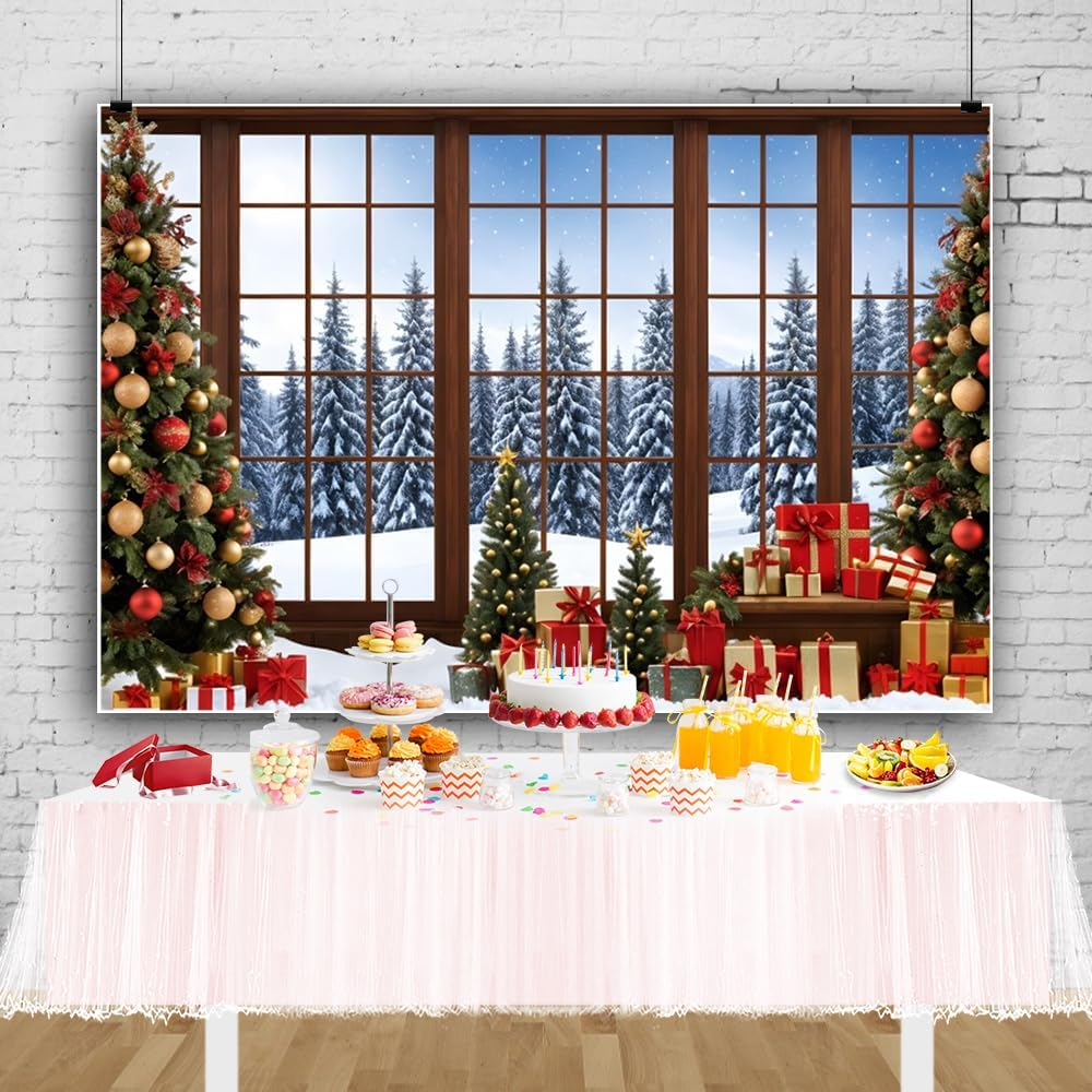 7&times;5Ft Winter Christmas Window Backdrop for Photography Merry Xmas Pine Tree Indoor Background Snow Holiday Photobooth New Year Party Decorations Photo Studio Props Supplies image number 1