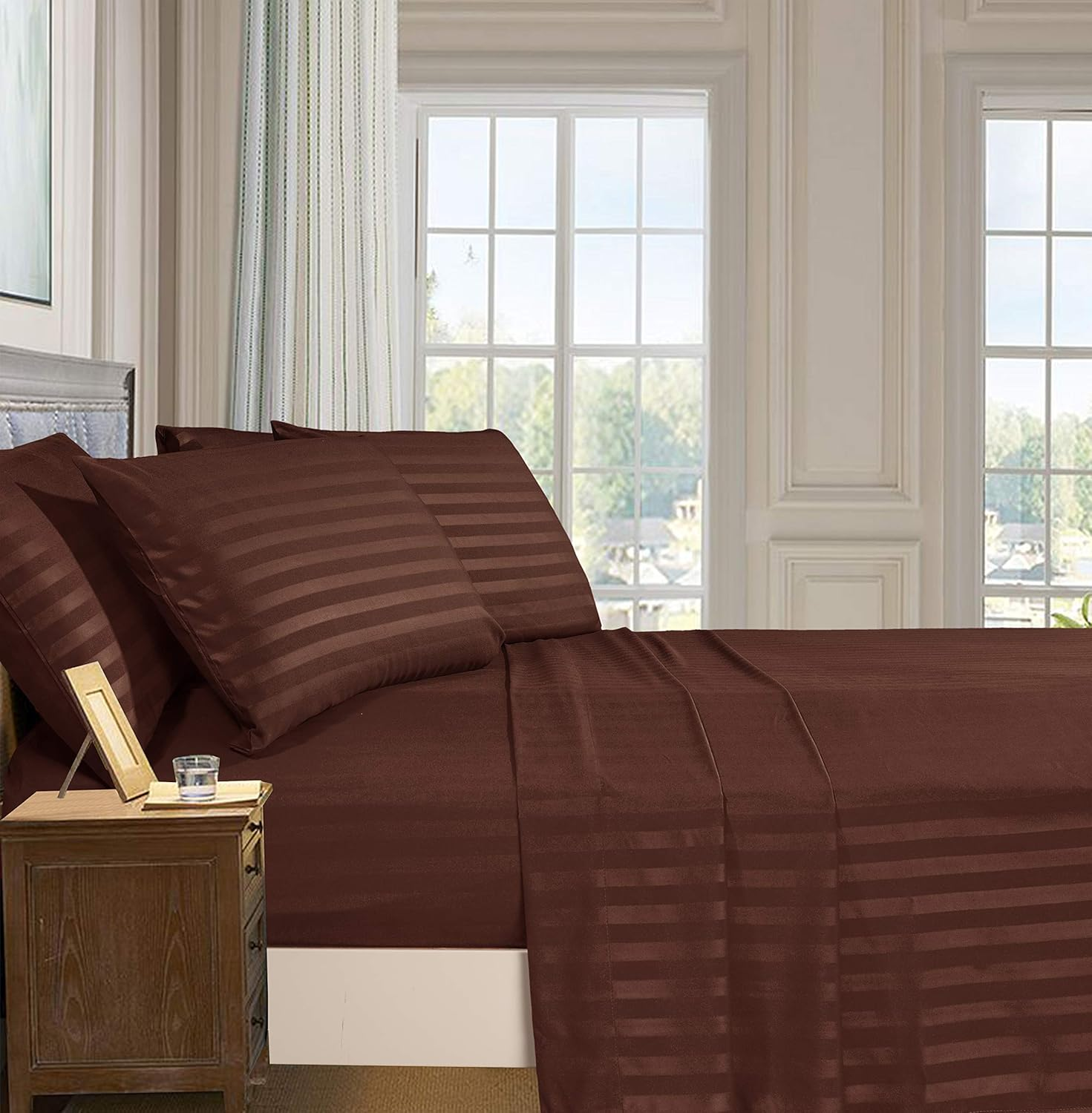 Elegant Comfort Softest and Coziest 4-Piece Sheet Set - 1500 Thread Count Egyptian Quality Luxurious Wrinkle Resistant 6-Piece Damask Stripe Bed Sheet Set, Twin, Chocolate Brown image number 6