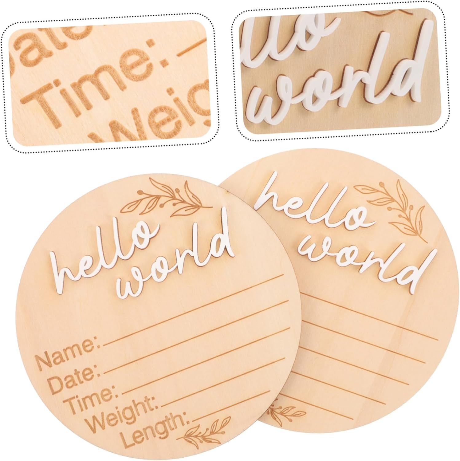 2Pcs Newborn Announcement Sign Circular Birth Sign for Hospital Use Name Plaque Parents Crafted from Natural Wood image number 3
