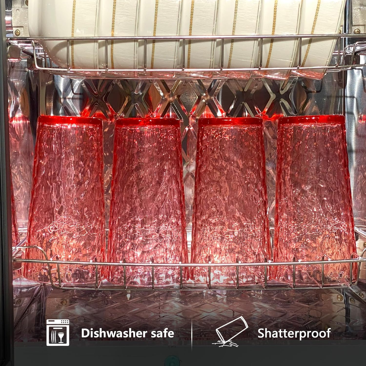 24-Ounce Plastic Tumblers (Set of 8), Reusable Plastic Mugs, Bpa-Free Acrylic to Drink Mugs, Shatter Resistant, Textured Interior, Dishwasher Safe (Red, 24 Ounce) image number 5