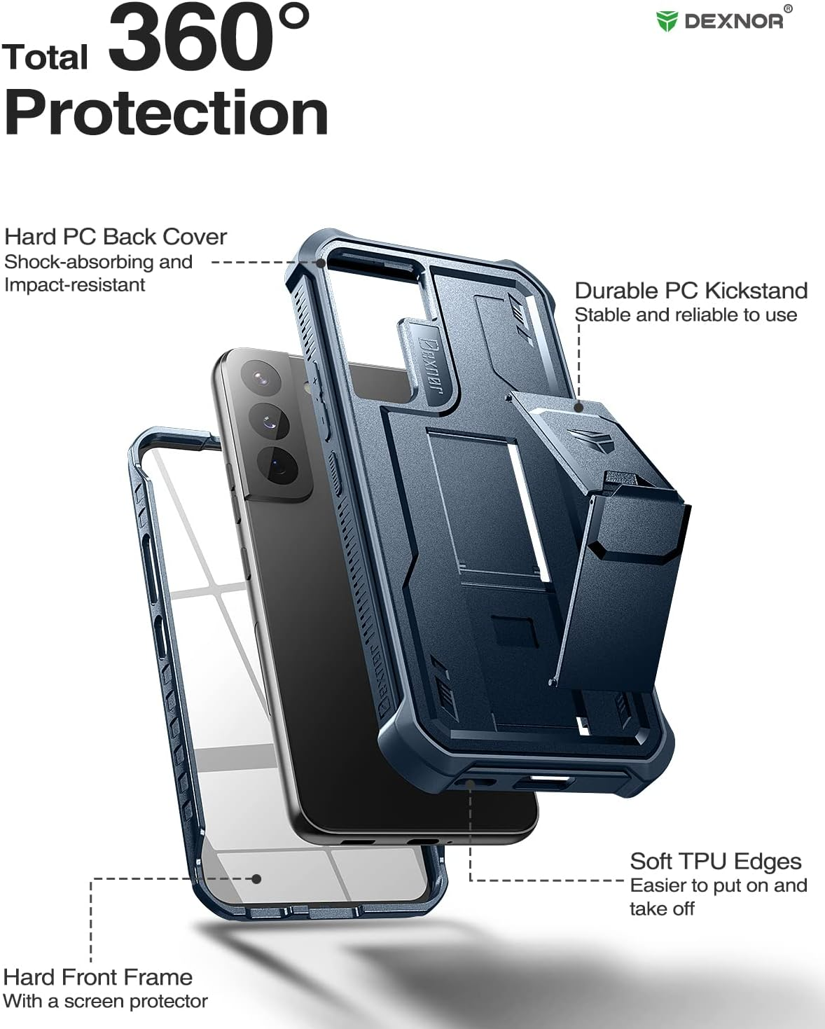 Dexnor Compatible with Samsung Galaxy S22 plus 5G Case with Built-In Screen Protector Military-Grade 360 Full Body Shockproof Bumper Protection Cover with Stand - Navy Blue - Black image number 3