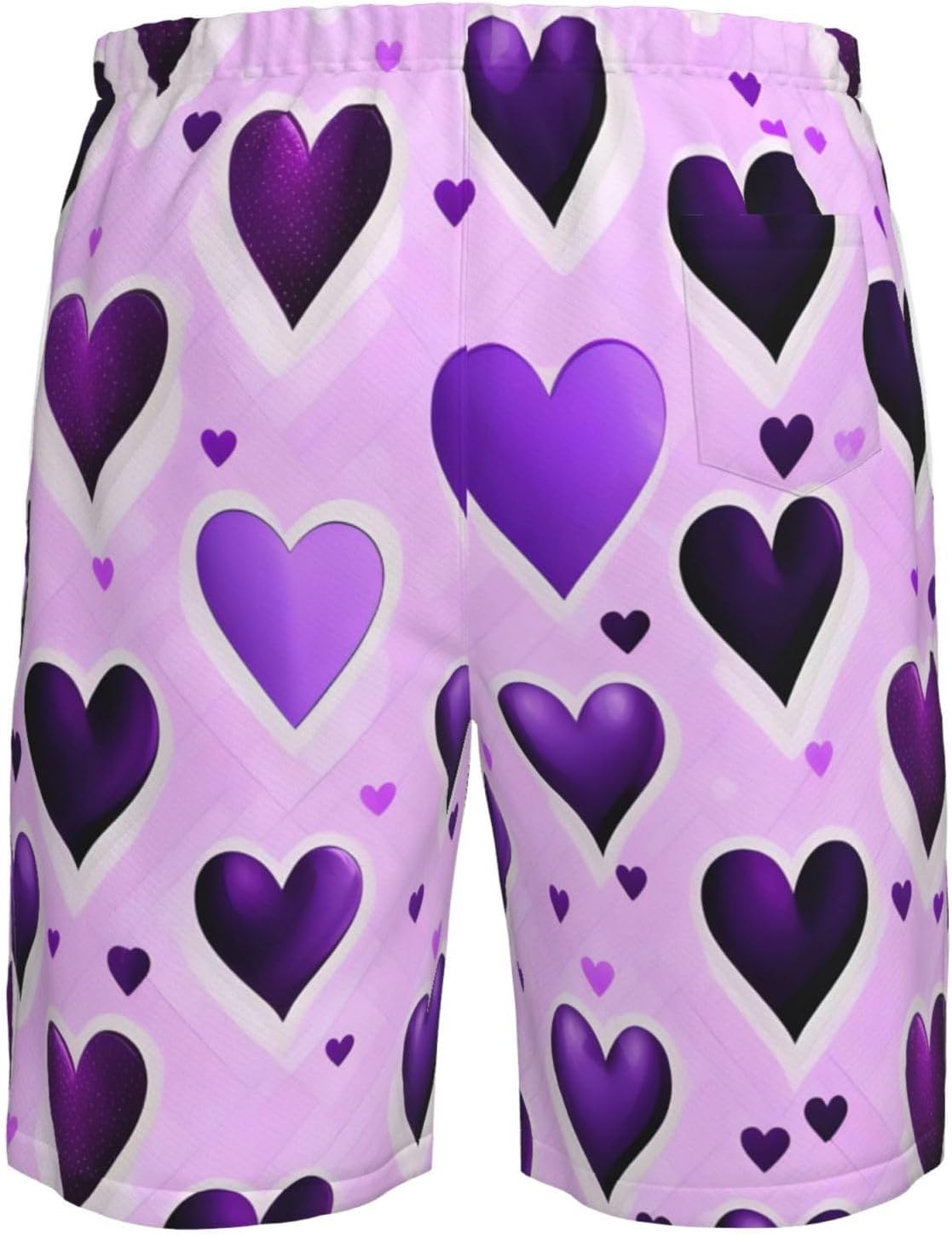 Fashional Purple Hearts Print Mens Swim Trunks Quick Dry Bathing Suits Summer Holiday Beach Board Shorts Pockets