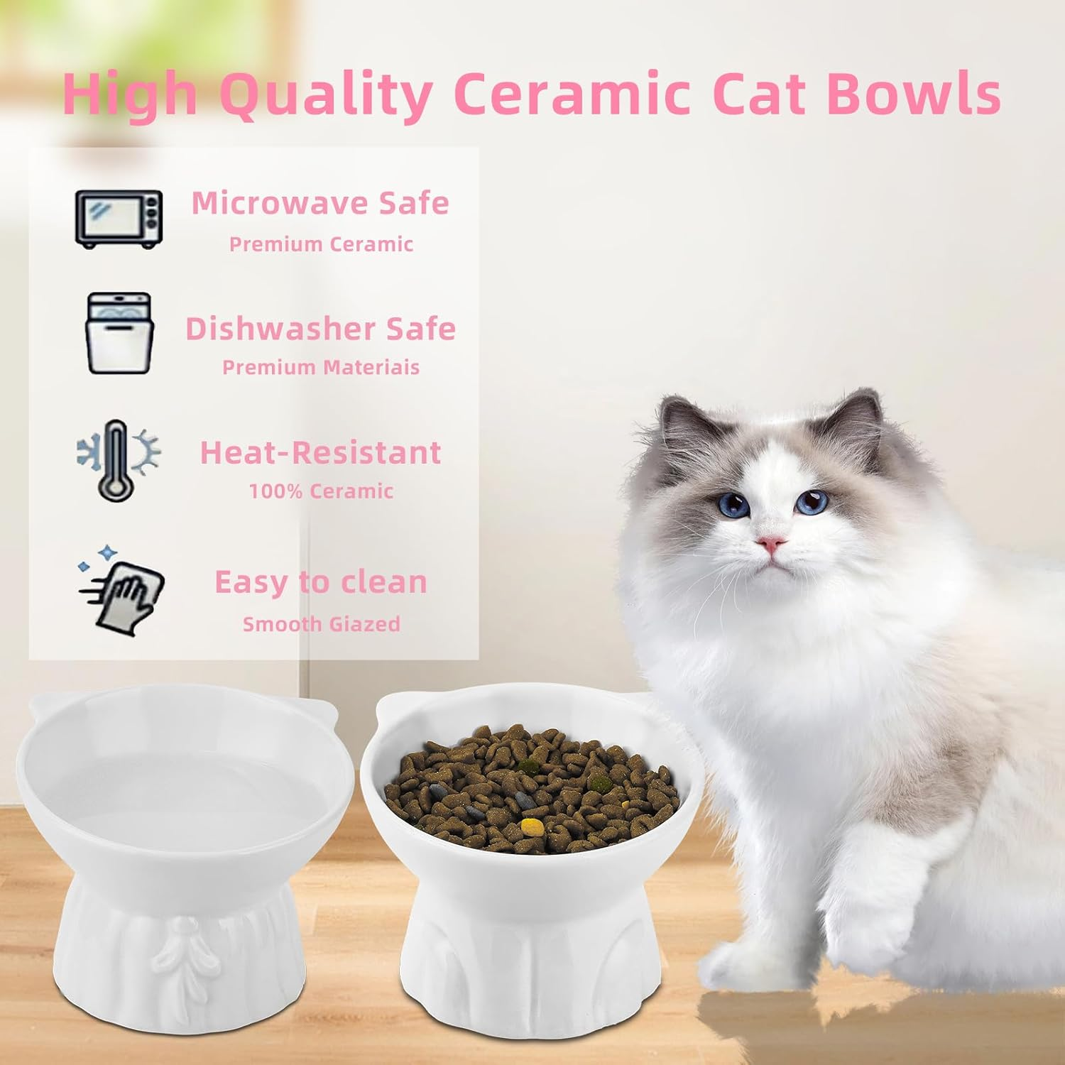 Ceramic Elevated Cat Bowls, 2Pc Extra Wide Raised Cat Bowls for Food and Water, Shallow Cat Food Dish Whisker Friendly, anti Vomit Cat Bowls Microwave and Dishwasher Safe, Great Height for Cat (White) image number 4