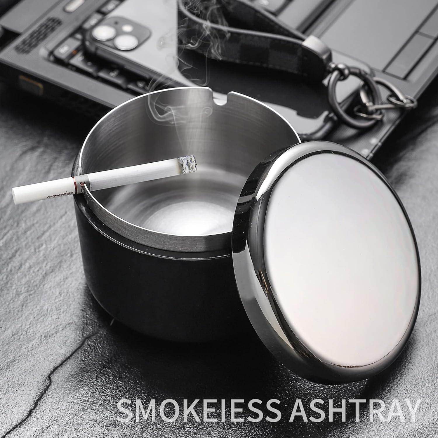 Smokeless Ashtray with Lid for Smokers Stainless Steel Liner Ash Tray Windproof Durable Easy to Clean Cool Ashtrays for Indoor or Outdoor Use, Patio, Office & Home(Black) - Black image number 3