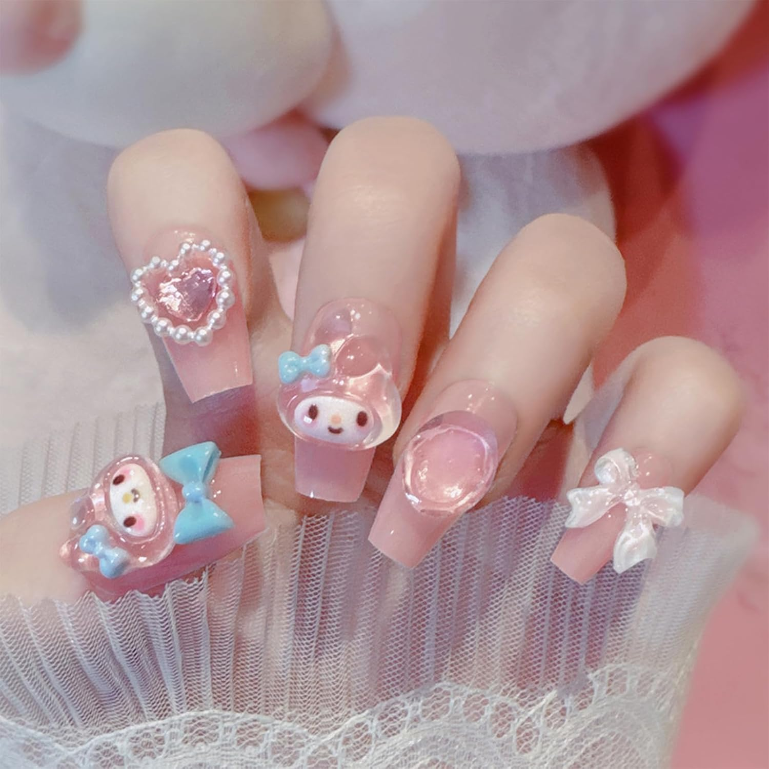 24PCS Cute Kawaii 3D Cartoon False Nails,Medium Pretty Press on Nails,Nude Pink Coffin Fake Nails with 3D Bow Design,Glossy and Full Cover Acrylic Nails for Women or Girls image number 4