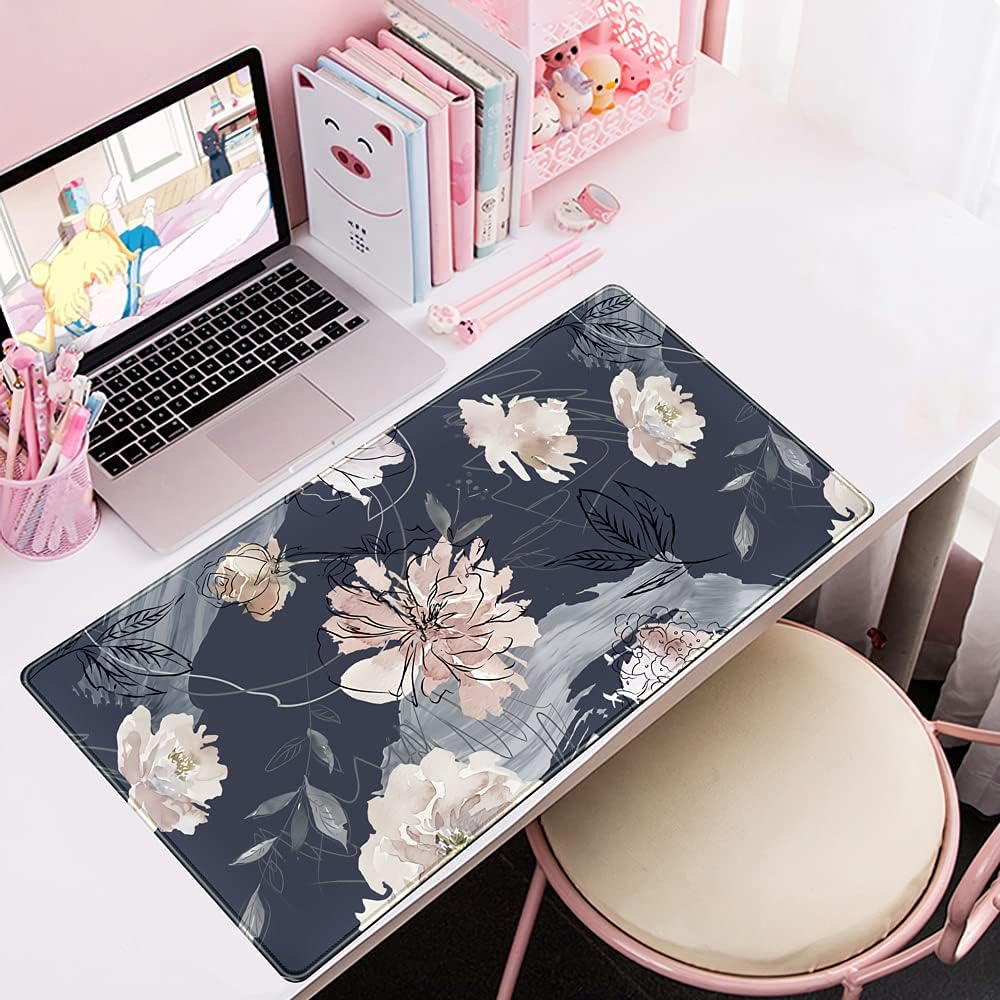 XL Mouse Pad Gaming Mouse Pad (31.5X15.7 In), Large Non-Slip Base Mousepad with Stitched Edges, Waterproof Keyboard Mouse Mat Desk Pad for Work Blue and Grey Pink White Peony &hellip; image number 5