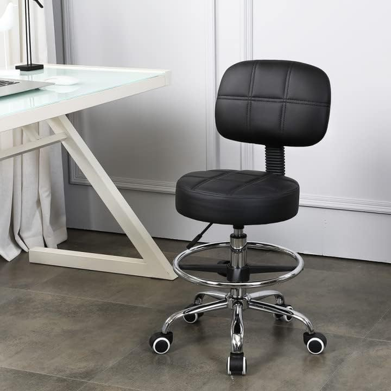 KKTONER Swivel round Rolling Stool PU Leather with Adjustable Foot Rest Height Adjustable Task Work Drafting Chair with Back - White image number 4