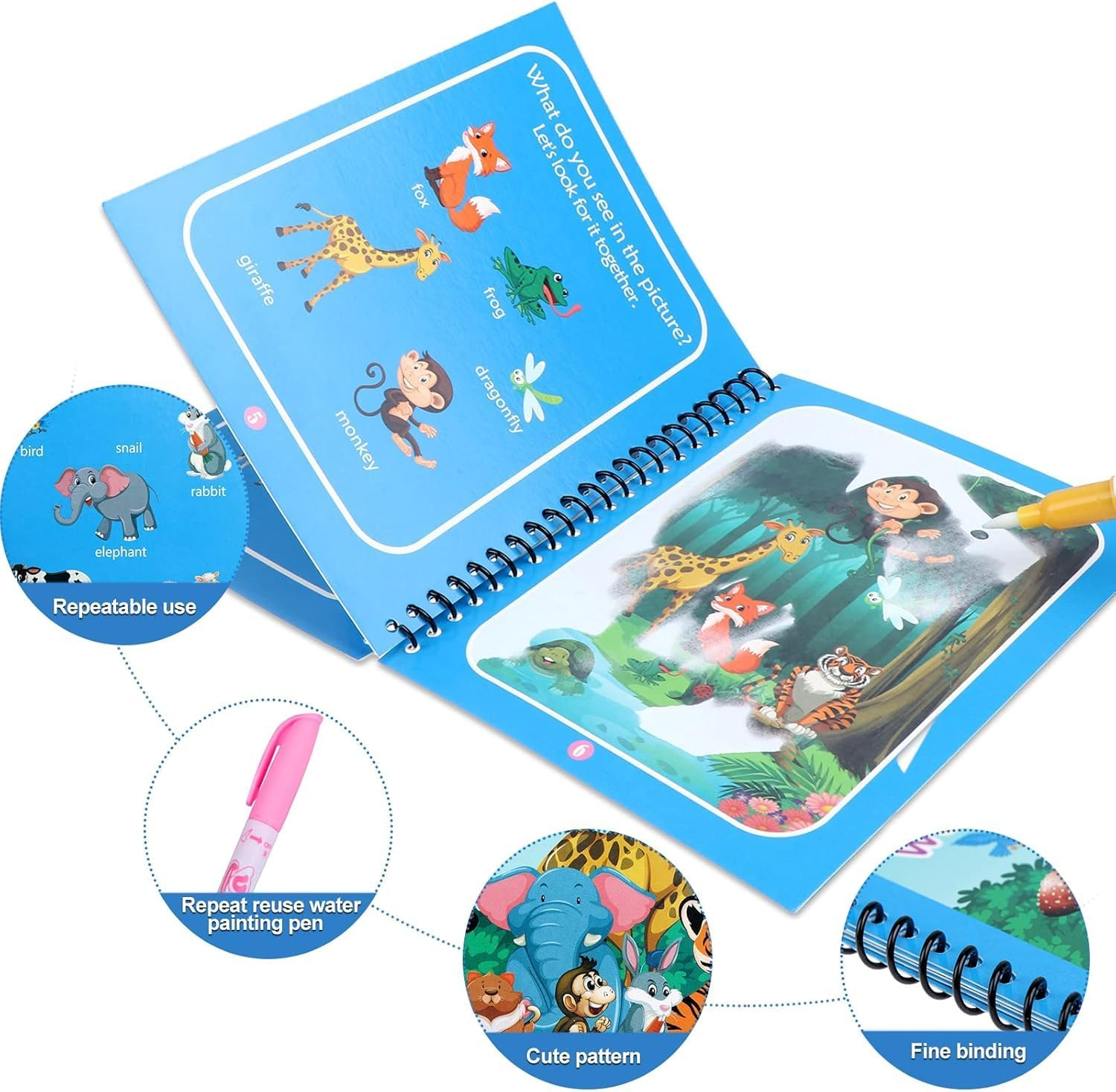 6 Pack Magic Water Coloring Book, Magic Painting Books with Water Pen Mess Free Coloring Books for Toddler 2-4Years Reusable Coloring Book-Children 3+ image number 3