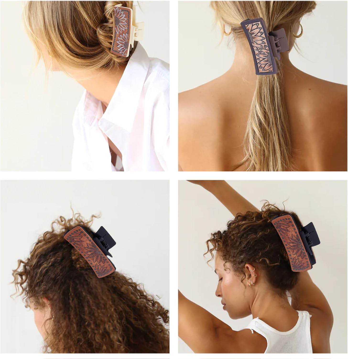 NICENEEDED 3 PCS Sunflower Hair Claw Clips, 1.7 X 4.1 Inch Matte Leather Floral Western Large Hairpins, Hair Accessories for Women Long Short Hairstyle image number 2