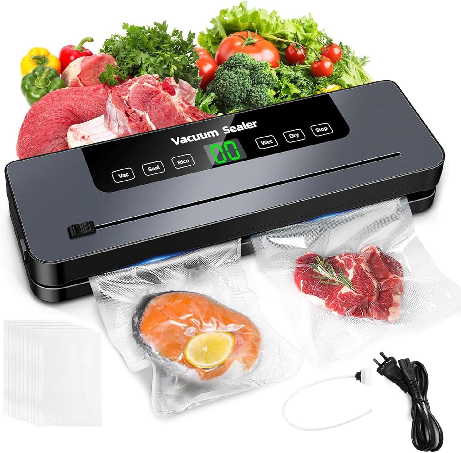 TOJUNE Vacuum Sealer Machine Set, 30 Cm Longer Seal, 65Kpa Powerful 6 in 1 Automatic Air Sealing for Food Storage and Sous Vide with 50 Pcs Bags, Built-In Cutter and LED Display, AU Plug 220V (Grey) image number 5
