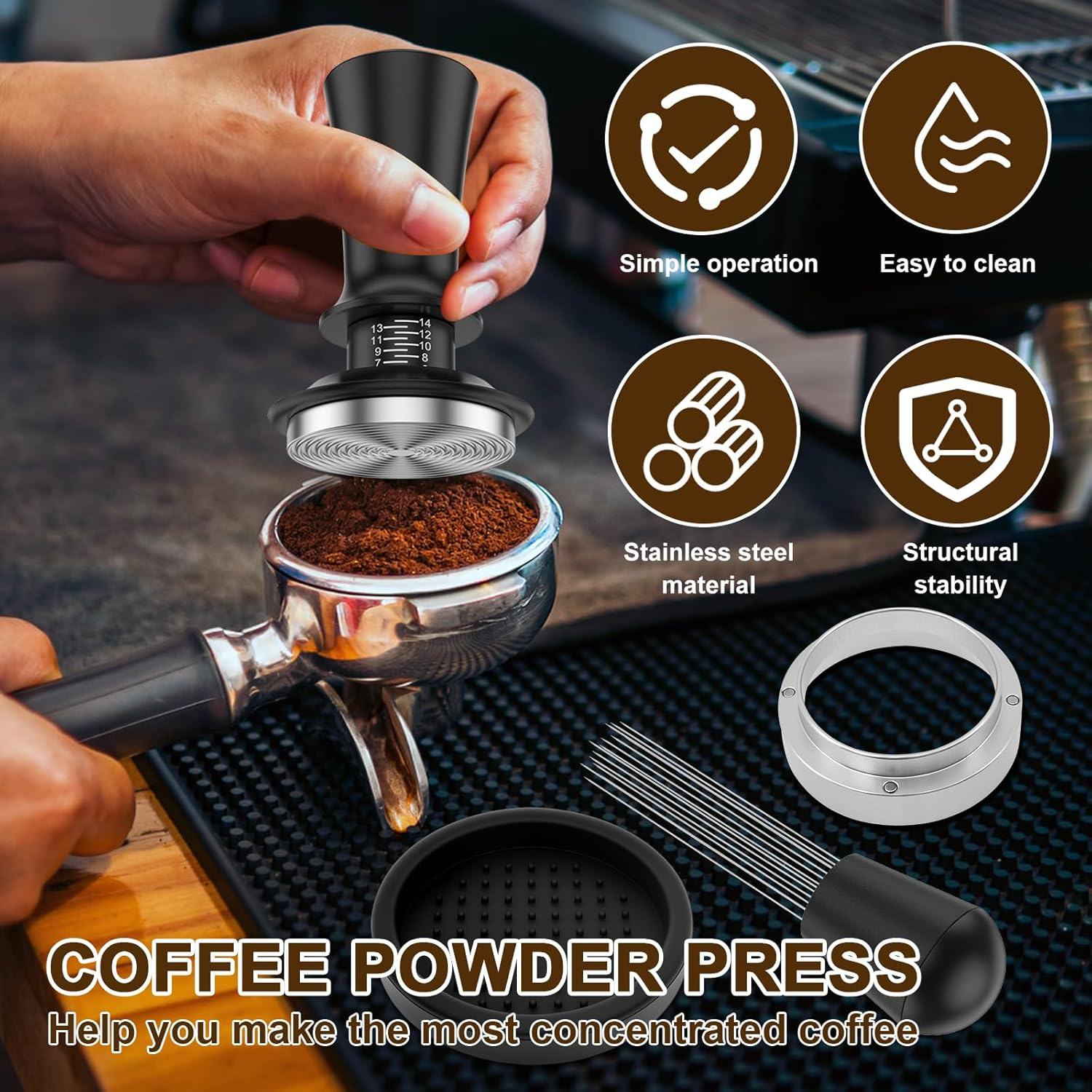 Coffee Tamper Set 51Mm Espresso Accessories Kit, Stainless Steel Spring Loaded Calibrated Adjustable Fits Espresso Coffee Machines and 51 Mm Portafilters image number 6