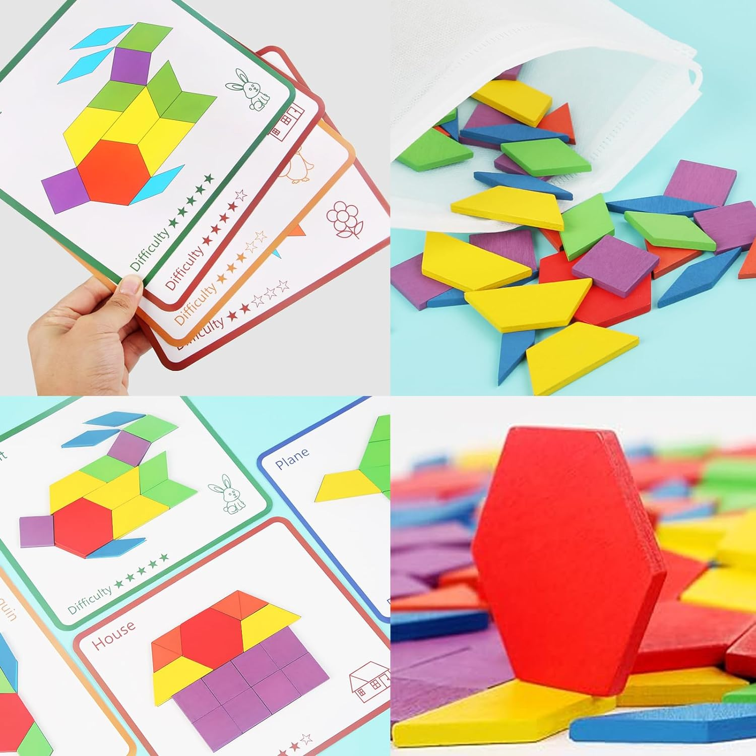 155 PCS Wooden Pattern Blocks Set Geometric Shape Puzzle Kindergarten Classic Educational Montessori Tangram Toys for Kids Ages 4-8 with 12Pcs Double Side Cards image number 6