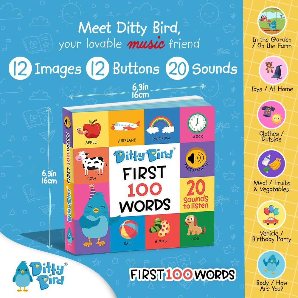 Ditty Bird First 100 Words Sound Book for Toddlers | Interactive & Educational Learning Book for Ages 1-3 | Vocabulary Building with Songs, Sounds, and Fun Facts | Perfect Learning Toy for Toddlers image number 5